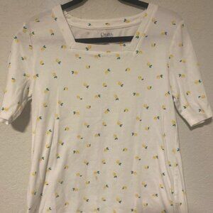 Cottagecore White Tee with Lemon Pattern, Square neck, 100% Cotton